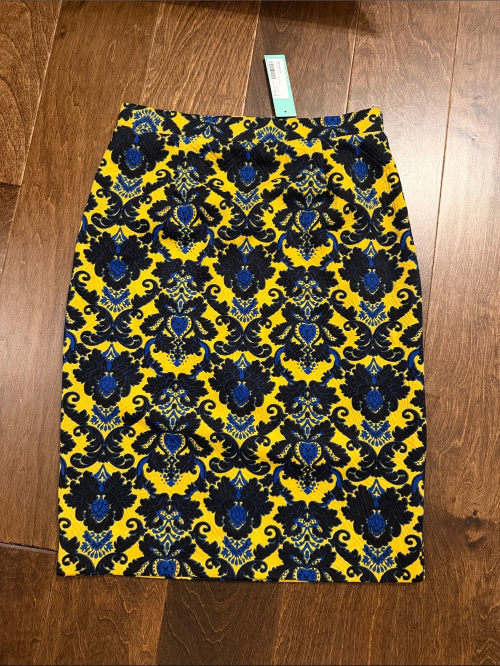 Brixon Ivy Yellow Pencil Skirt with Navy and Blue Damask